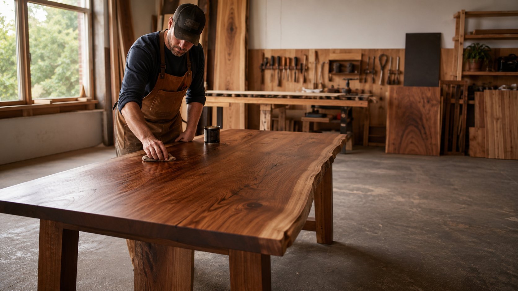 A woodworker hand-finishing a live-edge walnut dining table in his shop