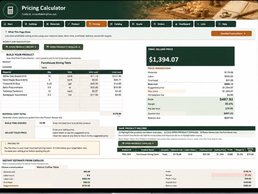 Pricing Calculator worksheet building a price for a farmhouse dining table from its bill of materials and labor hours
