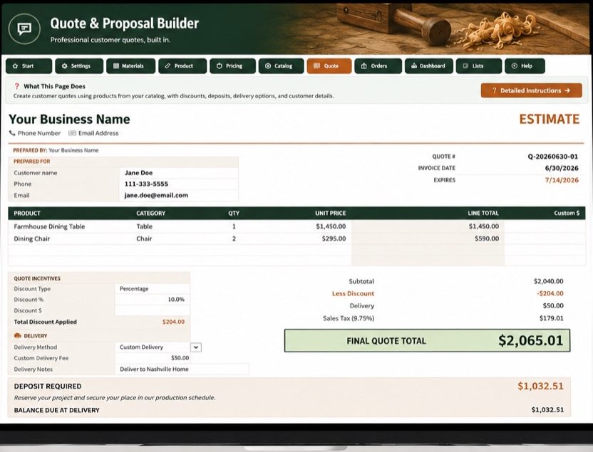Quote and Proposal Builder worksheet with customer details, line items, discount, delivery, deposit required, and final quote total